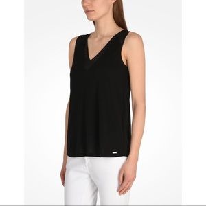 Armani Exchange Black Flowy Sheer Panel Overlay V-neck Tank w/ Metal Buckle Logo